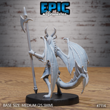 Draconic demon miniature seen from behind, showing the full spread of leathery bat-wings, segmented ridged tail, and armoured torso plates. The halberd rises overhead. Sculpt by Epic Miniatures.