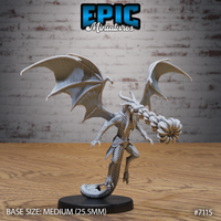 Winged draconic demon miniature by Epic Miniatures, horned reptilian head, large leathery wings spread wide, raising a spiked flail in one hand, scaled tail coiling behind cloven legs, on a round base.