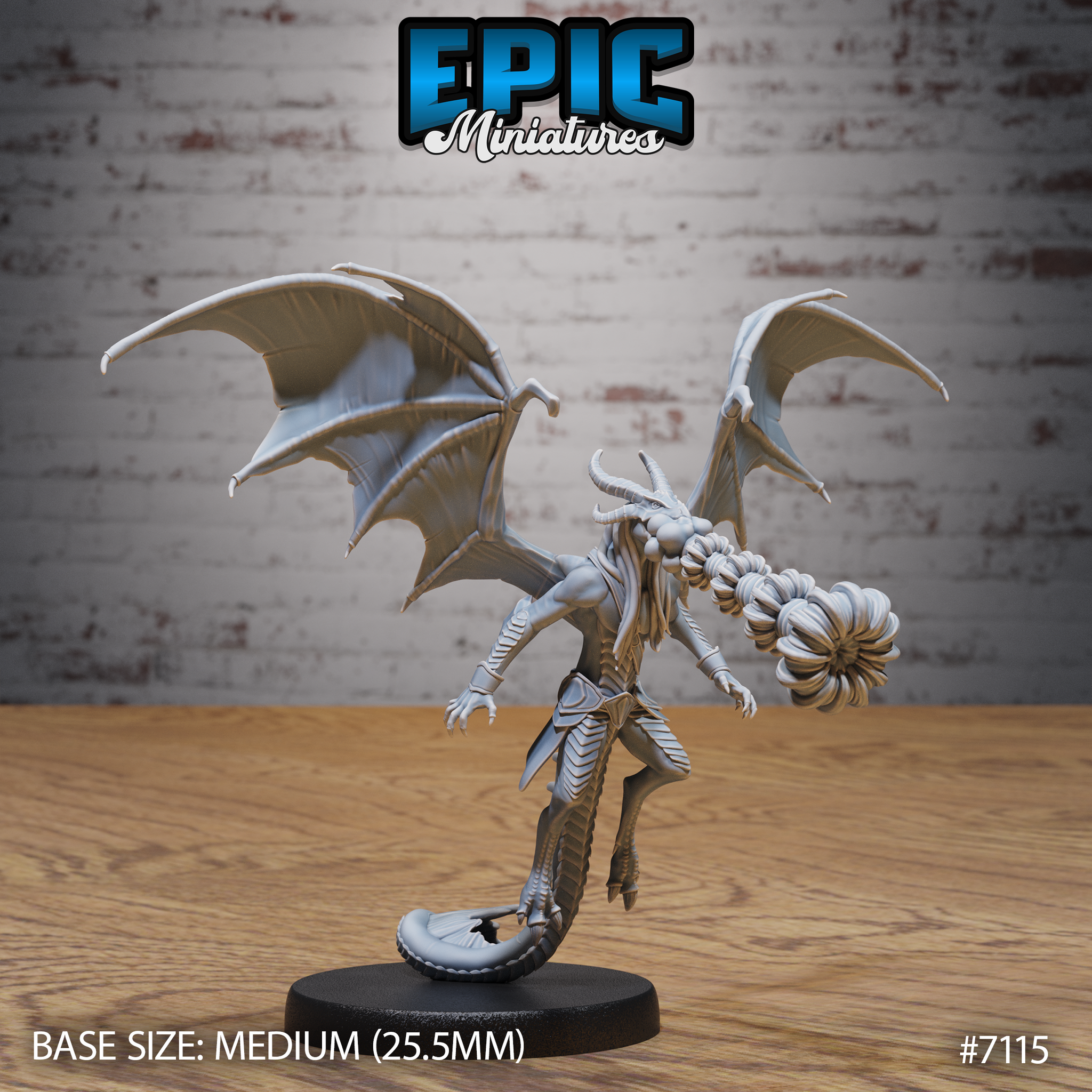 Winged draconic demon miniature by Epic Miniatures, horned reptilian head, large leathery wings spread wide, raising a spiked flail in one hand, scaled tail coiling behind cloven legs, on a round base.