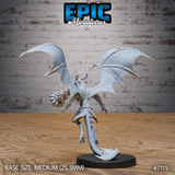 Draconic demon miniature by Epic Miniatures seen from behind, broad leathery wings fully extended, detailed scale texture along the spine and tail, spiked flail held low, cloven taloned feet on a round base.