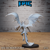 Draconic demon miniature by Epic Miniatures seen from behind, broad leathery wings fully extended, detailed scale texture along the spine and tail, spiked flail held low, cloven taloned feet on a round base.