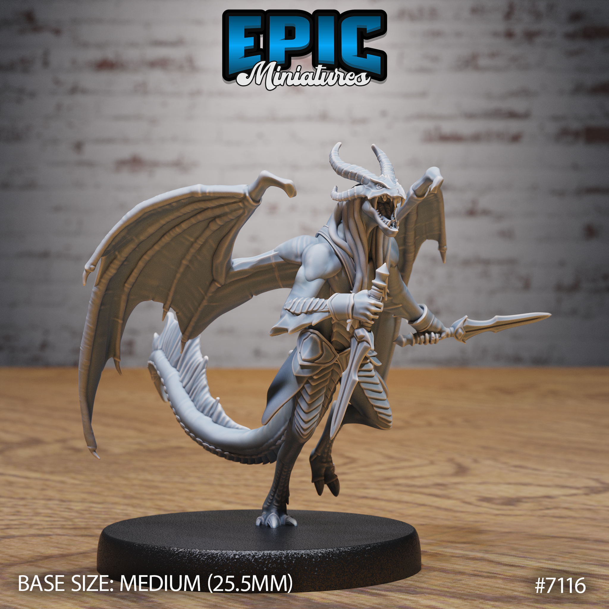 Winged draconic demon miniature facing forward, jaws open in a snarl, gripping a long sword in both clawed hands, with swept-back horns, bat-like wings spread wide, and a finned tail curling behind scaled legs. Sculpt by Epic Miniatures.