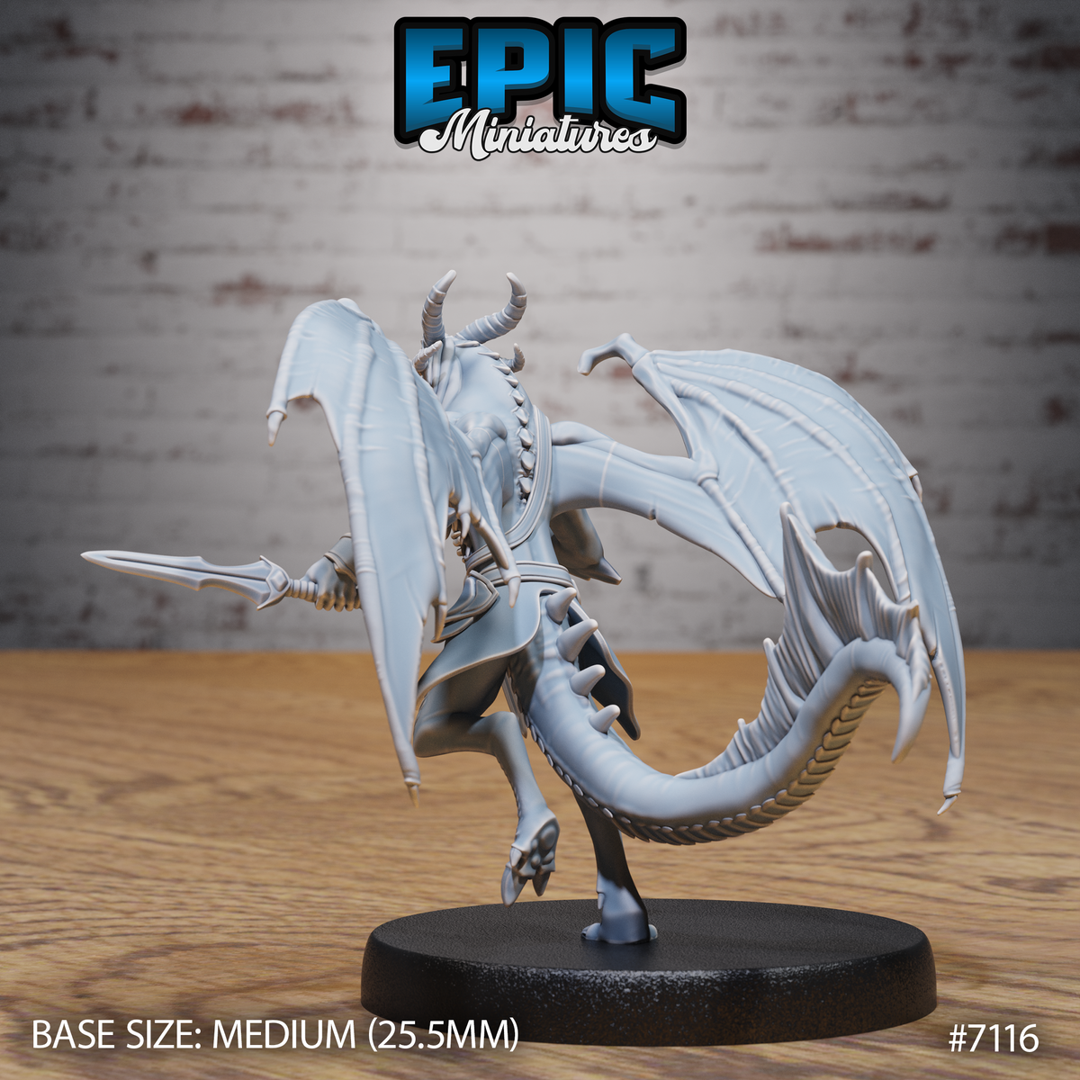 Draconic demon miniature seen from behind, revealing detailed bat-wing membrane with bone ridges, a long scaled and finned tail, layered back armour, and short curved horns atop the reptilian skull. Sculpt by Epic Miniatures.