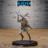 Antlered fey warrior driving a long wooden staff-weapon overhead in a two-handed strike, wearing feathered hide armour with bark-textured limbs and a fur cloak. Sculpt by Epic Miniatures.