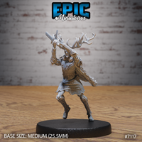 Antlered fey warrior driving a long wooden staff-weapon overhead in a two-handed strike, wearing feathered hide armour with bark-textured limbs and a fur cloak. Sculpt by Epic Miniatures.