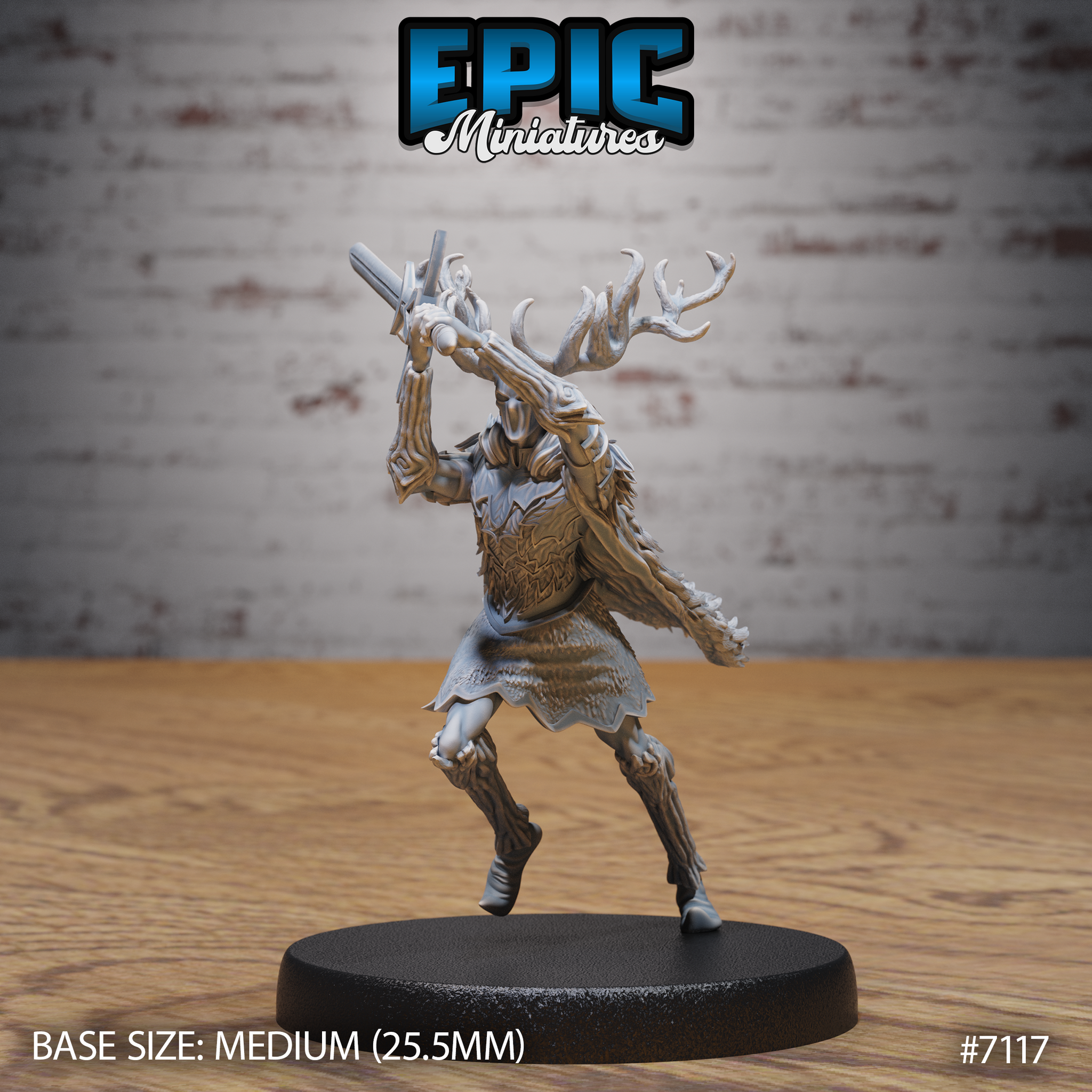Antlered fey warrior driving a long wooden staff-weapon overhead in a two-handed strike, wearing feathered hide armour with bark-textured limbs and a fur cloak. Sculpt by Epic Miniatures.