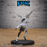 Antlered fey warrior mid-pivot with sword raised, feathered cloak fanning outward, bark-textured arms and legs fully visible, wearing layered hide chest armour. Sculpt by Epic Miniatures.