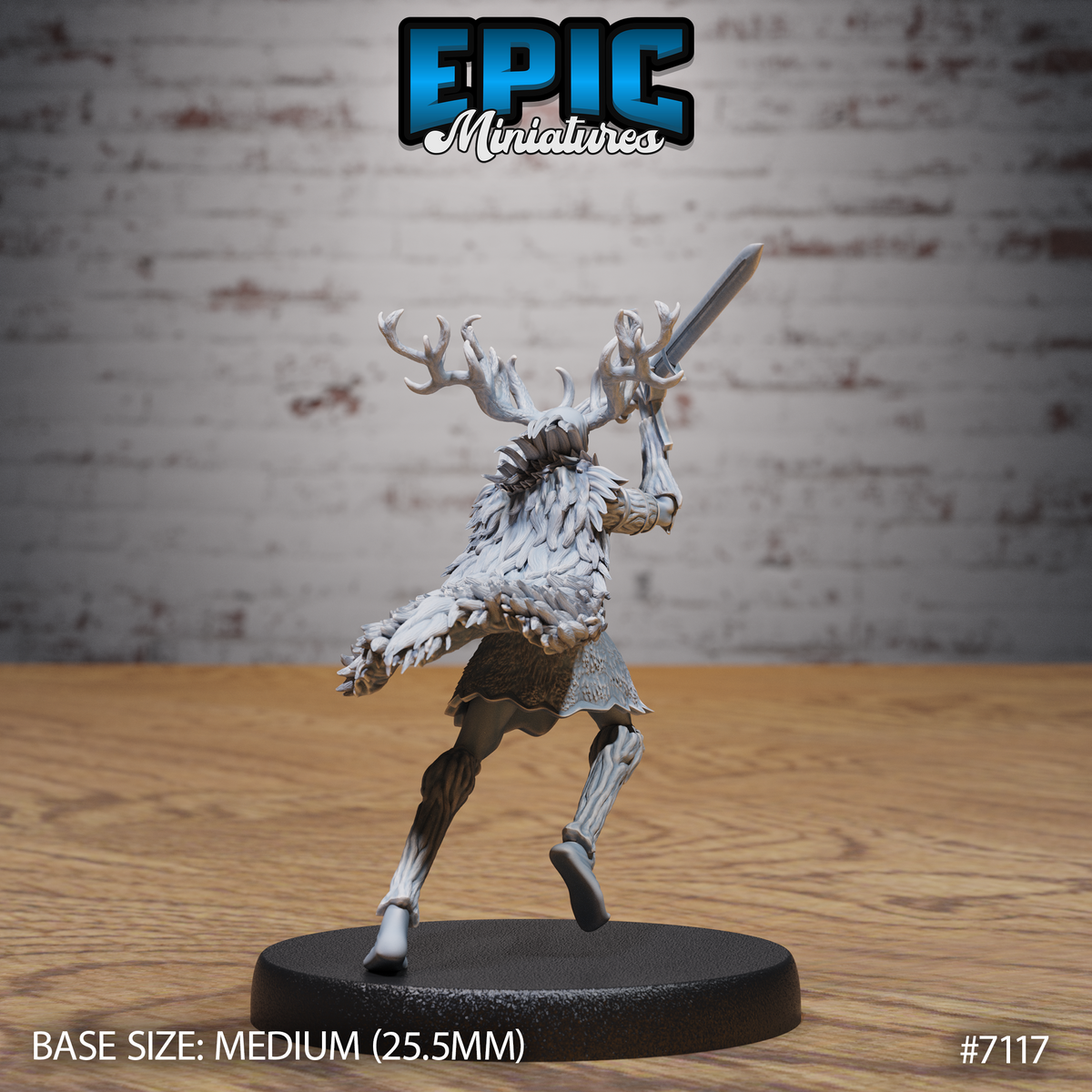 Antlered fey warrior mid-pivot with sword raised, feathered cloak fanning outward, bark-textured arms and legs fully visible, wearing layered hide chest armour. Sculpt by Epic Miniatures.