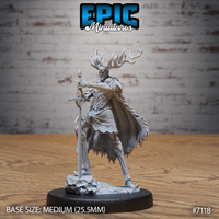 Antlered fey knight gripping a longsword upright, leaning forward aggressively in a feathered cloak over layered bark-textured armour, standing on a rocky debris-scattered base. Sculpt by Epic Miniatures.