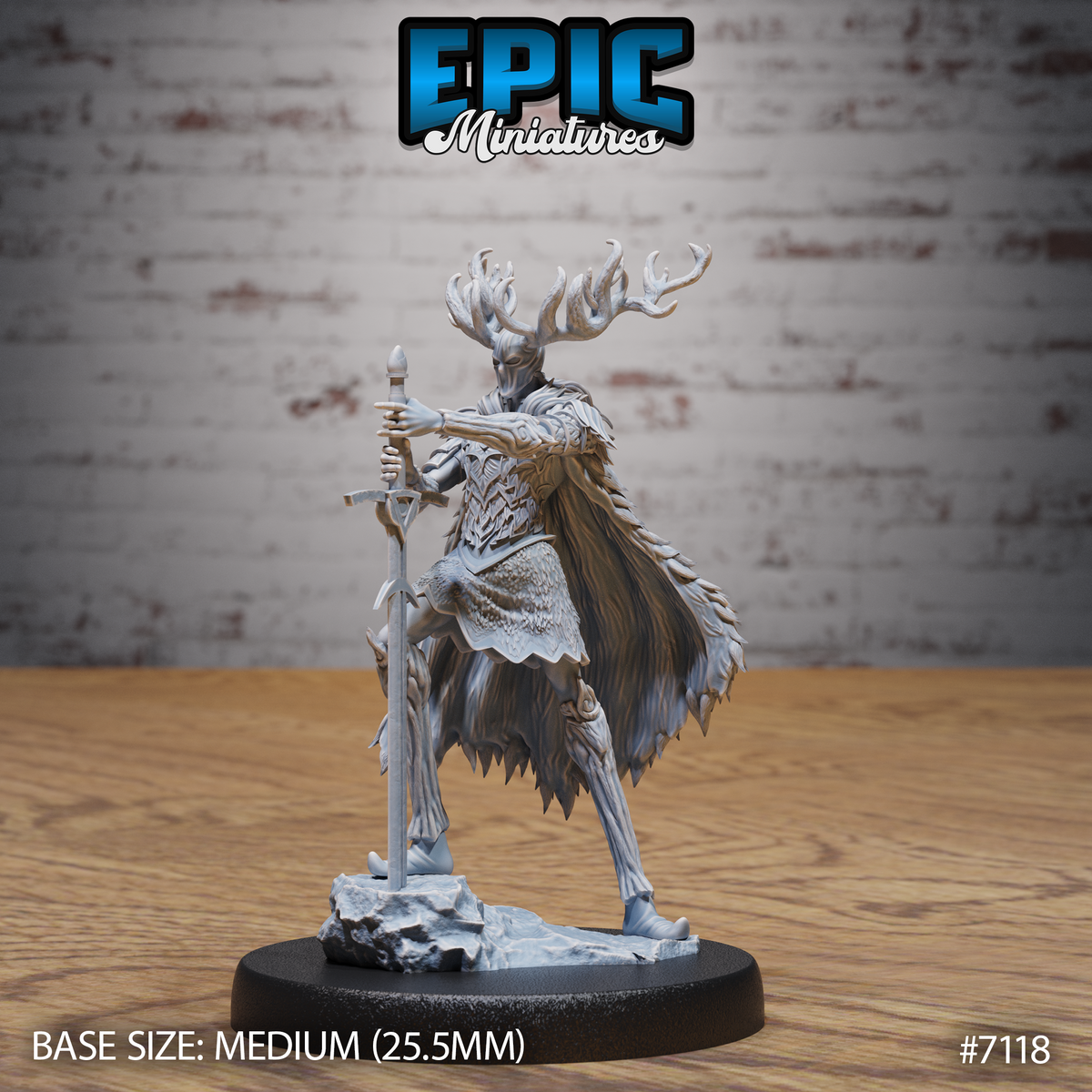 Antlered fey knight gripping a longsword upright, leaning forward aggressively in a feathered cloak over layered bark-textured armour, standing on a rocky debris-scattered base. Sculpt by Epic Miniatures.