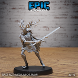 Antlered humanoid knight in a wide combat stance gripping a longsword two-handed across its body, wearing layered bark-textured armour with a fur-and-feather cloak. Sculpt by Epic Miniatures.