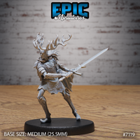 Antlered humanoid knight in a wide combat stance gripping a longsword two-handed across its body, wearing layered bark-textured armour with a fur-and-feather cloak. Sculpt by Epic Miniatures.