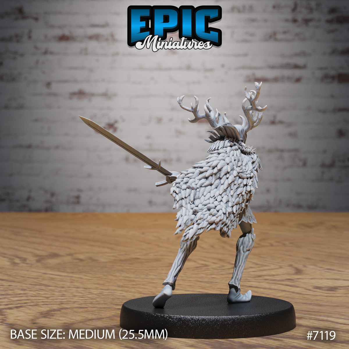 Rear view of an antlered knight miniature showing an elaborate layered cloak of dense feathered scales sweeping across the back, with stag antlers rising from a wooden mask. Sculpt by Epic Miniatures.