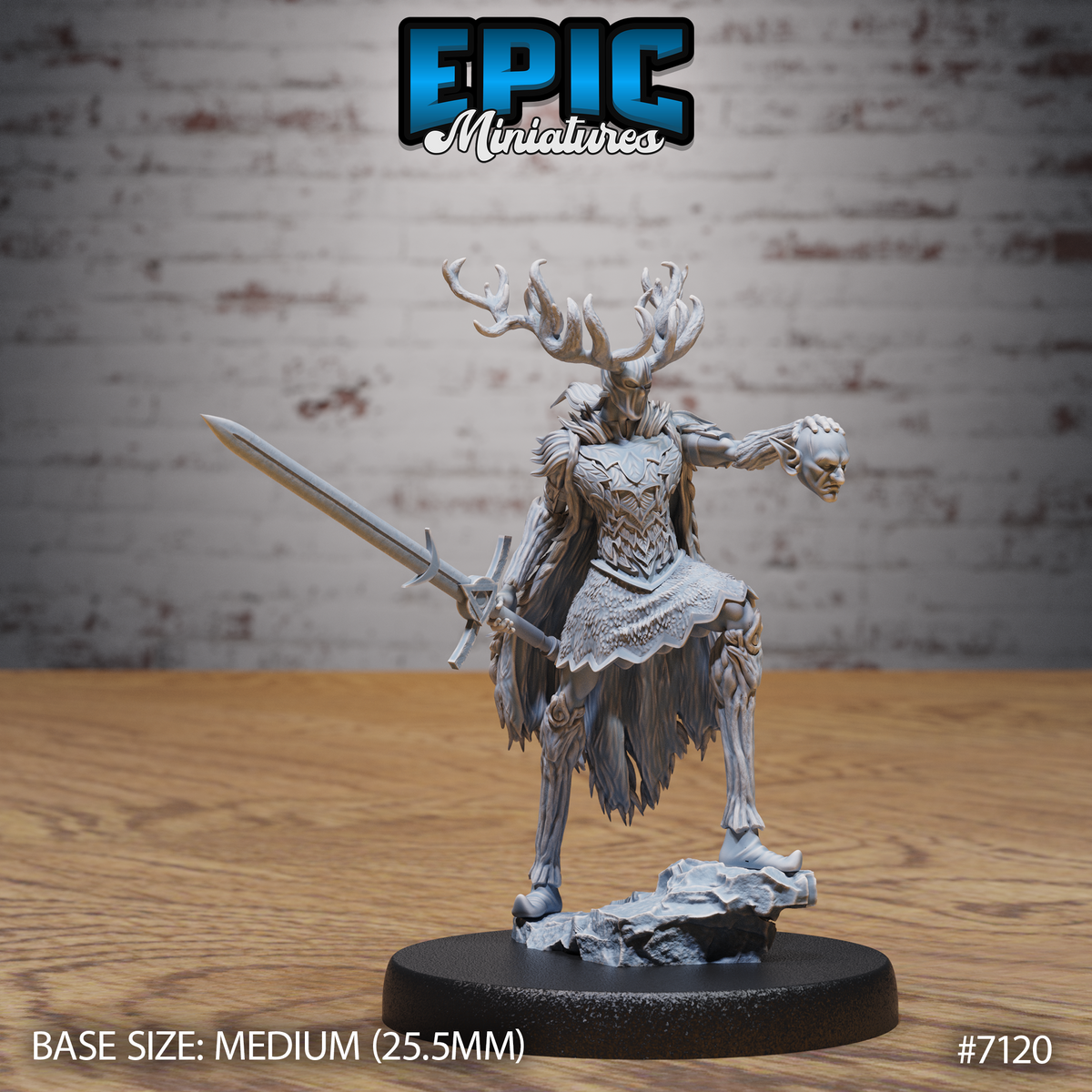 Antlered fey guardian miniature holding a longsword at her side and a severed human head aloft, wearing layered feather-plate armour, standing on a rocky sculpted base. Sculpt by Epic Miniatures.