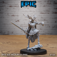 Antlered fey guardian miniature holding a longsword at her side and a severed human head aloft, wearing layered feather-plate armour, standing on a rocky sculpted base. Sculpt by Epic Miniatures.