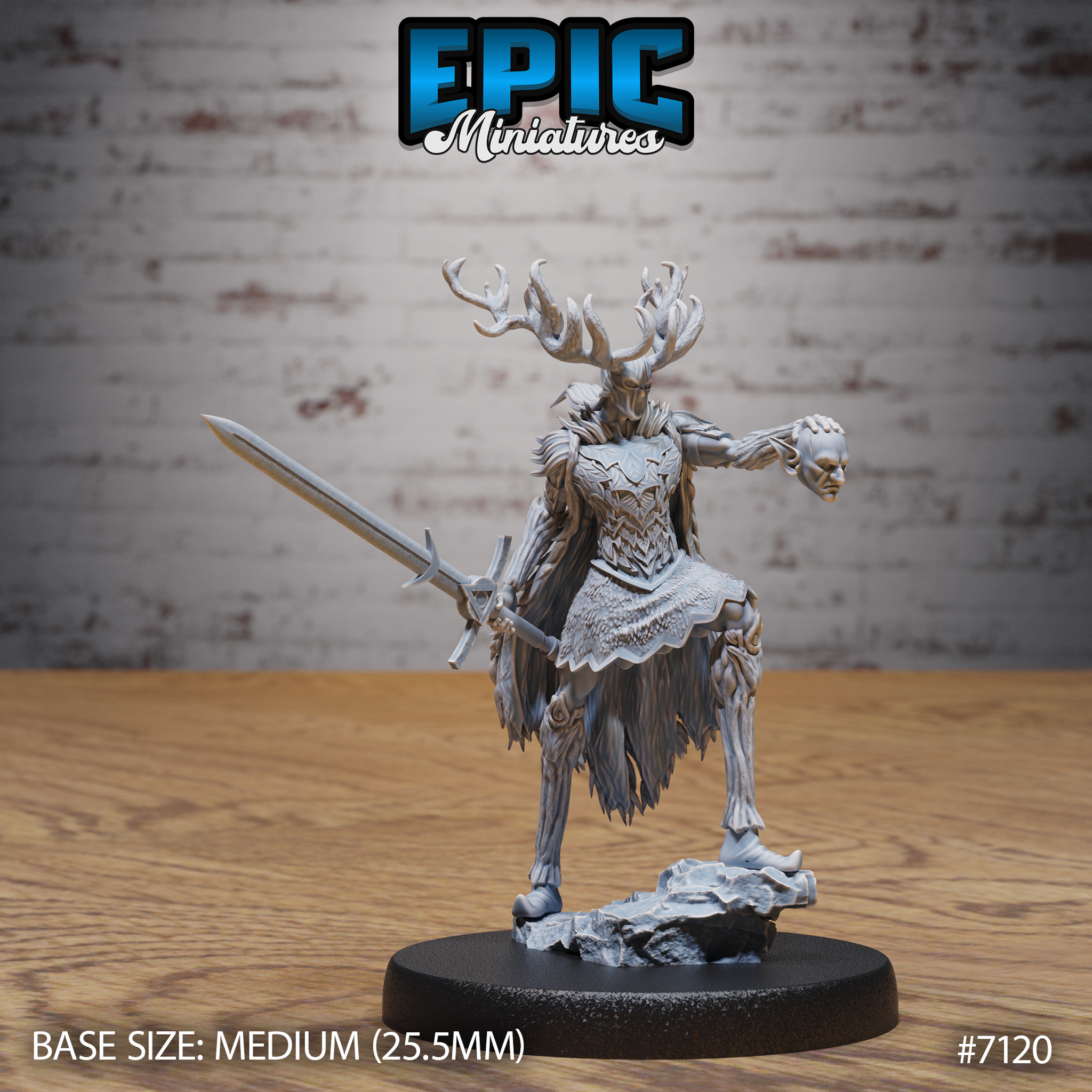 Antlered fey guardian miniature holding a longsword at her side and a severed human head aloft, wearing layered feather-plate armour, standing on a rocky sculpted base. Sculpt by Epic Miniatures.