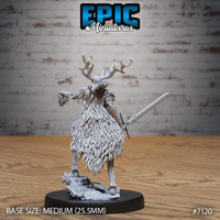 Rear view of an antlered fey guardian miniature, showing dense feather-plate texture across her back and cloak, elongated limbs, and branching asymmetric antlers, with a longsword held in one hand. Sculpt by Epic Miniatures.