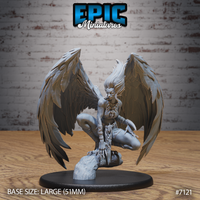 Winged female figure crouched on a sculpted rock base, large feathered wings spread wide behind her, wild hair swept upward, lean body with arm bracers and ragged cloth skirt, taloned feet gripping the stone, holding a small dagger. Sculpt by Epic Miniatures.