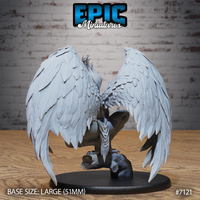 Winged female figure viewed from behind, enormous feathered wings dominating the composition with layered individual feathers clearly defined, crouched posture visible, taloned feet on a textured log and rock base. Sculpt by Epic Miniatures.