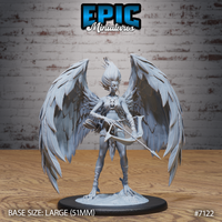 Winged goddess standing upright, holding a crossbow in one hand and a banded club in the other, with enormous feathered wings spread wide, talon feet, wild upswept hair, and a snarling leonine chest talisman. Sculpt by Epic Miniatures.