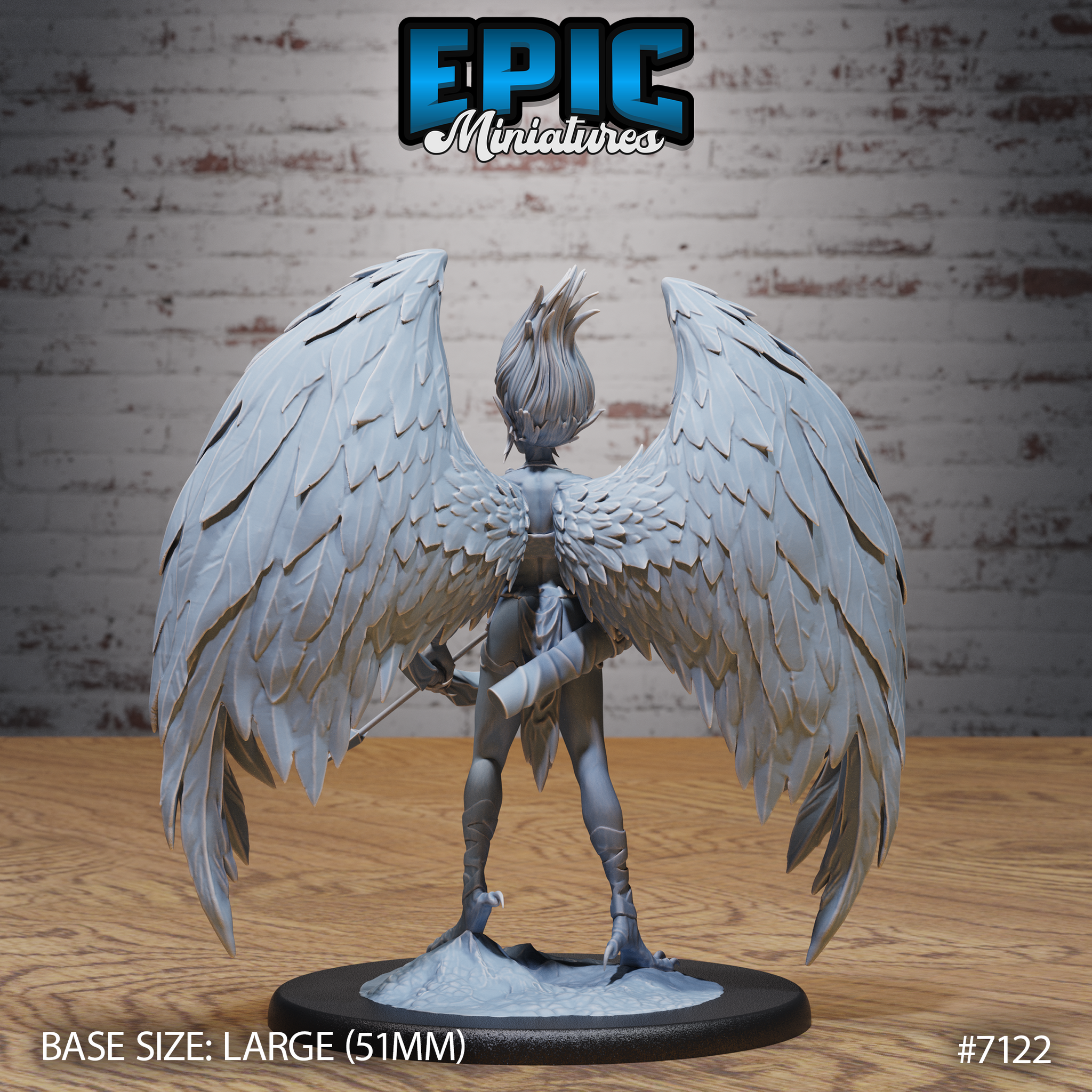 Winged goddess seen from behind, showing the full spread of densely layered feathered wings with individually sculpted primary and covert feathers, wild hair rising from the crown, and a scenic broken-stone base. Sculpt by Epic Miniatures.