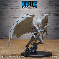 Winged female deity miniature gripping a long spear in both hands, mid-descent pose with enormous feathered wings spread wide, wild upswept hair, feathered arm armour, and taloned feet perched on a sculpted billowing cloud base. By Epic Miniatures.