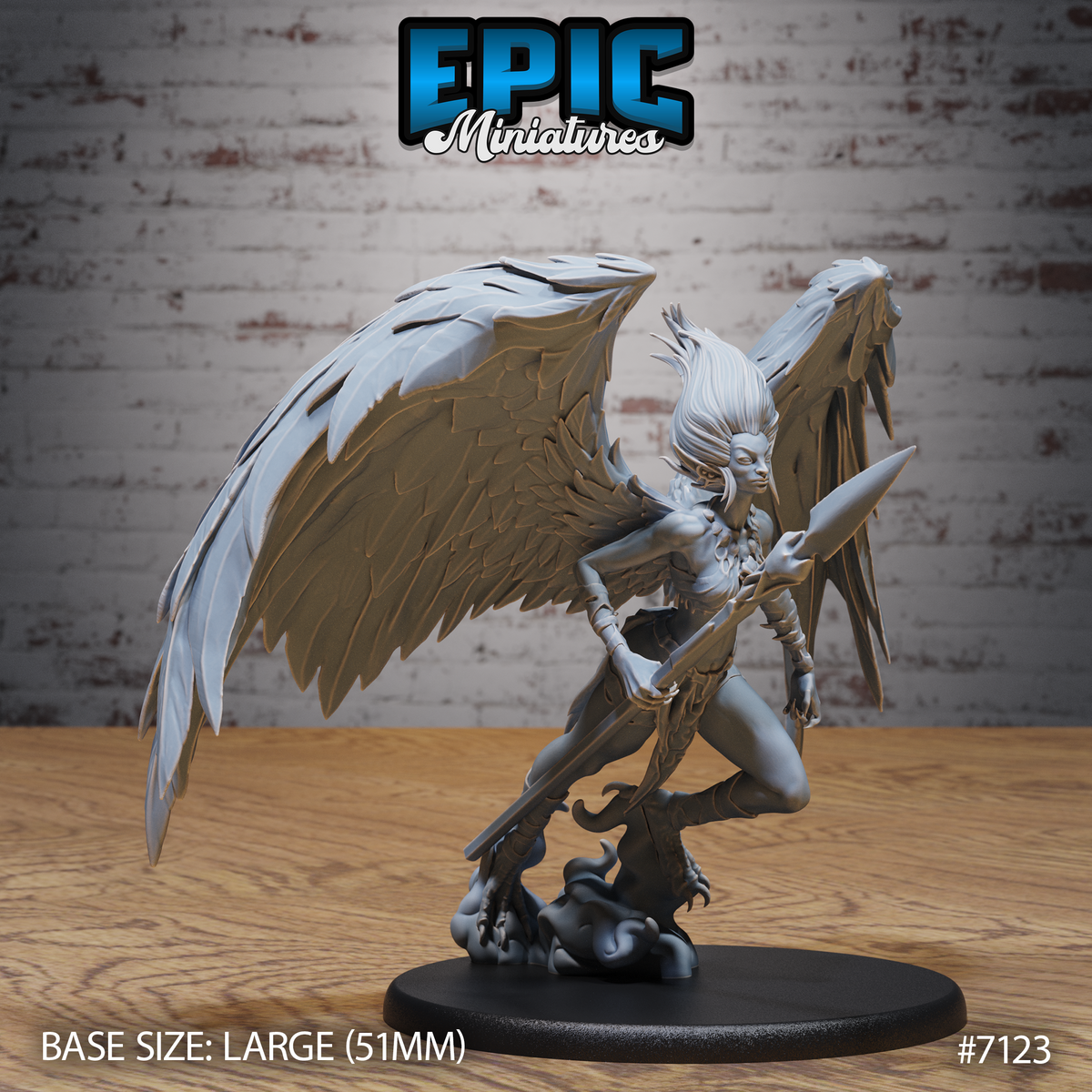 Winged female deity miniature gripping a long spear in both hands, mid-descent pose with enormous feathered wings spread wide, wild upswept hair, feathered arm armour, and taloned feet perched on a sculpted billowing cloud base. By Epic Miniatures.