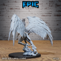 Winged female deity miniature seen from behind, both large feathered wings fully extended and layered with individual feather detail, wild hair fanning outward, taloned feet on a sculpted cloud base with curling cumulus forms. By Epic Miniatures.