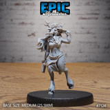 Deer folk female humanoid mid-stride, antlers rising from a flower-crowned curly updo, long hair flowing behind her, wearing a belted draped top and spotted skirt, holding brass knuckles at her side. Sculpt by Epic Miniatures.