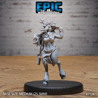 Deer folk female humanoid mid-stride, antlers rising from a flower-crowned curly updo, long hair flowing behind her, wearing a belted draped top and spotted skirt, holding brass knuckles at her side. Sculpt by Epic Miniatures.