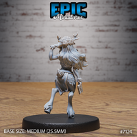 Deer folk female humanoid seen from behind, antlers and curly flower-crowned hair clearly visible, long hair cascading down her back, spotted skirt and leather belt detailed, brass knuckles held in one hand. Sculpt by Epic Miniatures.