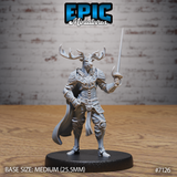 Antlered deer folk warrior standing upright, sword raised in one hand, wearing engraved plate armour with scrollwork and a ruffled collar, long cape trailing behind. Sculpt by Epic Miniatures.