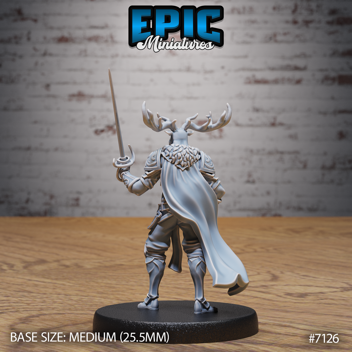 Deer folk duelist seen from behind, showing a feather-textured back collar, flowing cape with detailed fabric folds, armoured legs and hooved feet. Sculpt by Epic Miniatures.
