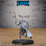 Deer folk duelist seen from behind, showing a feather-textured back collar, flowing cape with detailed fabric folds, armoured legs and hooved feet. Sculpt by Epic Miniatures.