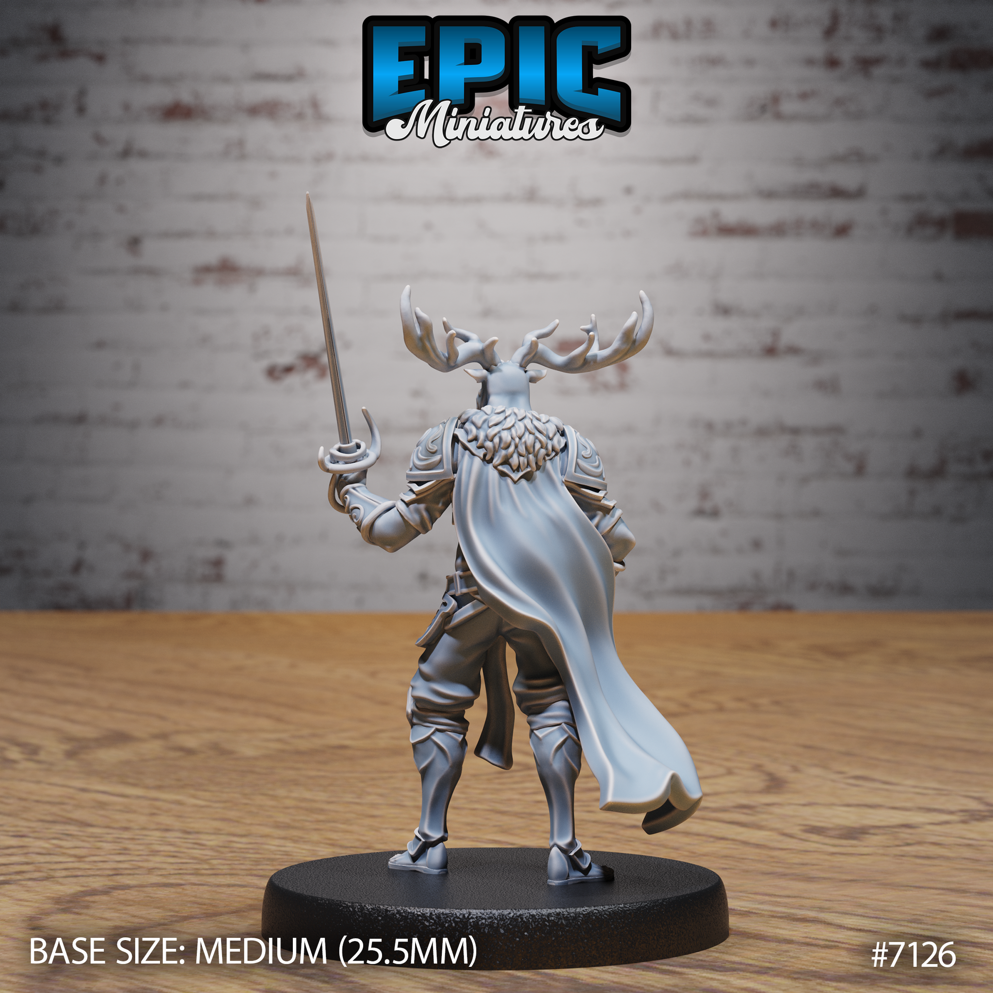 Deer folk duelist seen from behind, showing a feather-textured back collar, flowing cape with detailed fabric folds, armoured legs and hooved feet. Sculpt by Epic Miniatures.