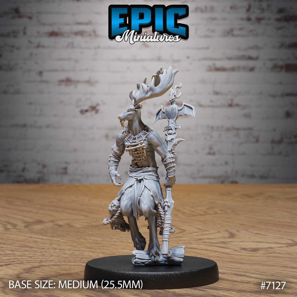 Antlered deer-folk shaman standing upright, holding a tall bone-and-skull staff topped with a fanged winged face, rope bindings wrapped around forearms, a skull pendant hanging at his hip. Sculpt by Epic Miniatures.