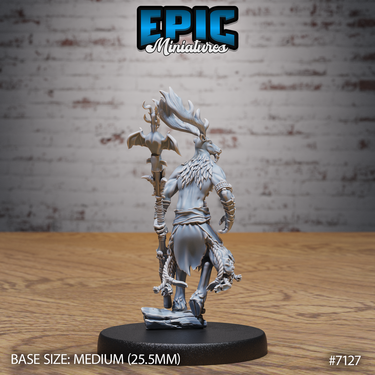 Deer-folk shaman seen from behind, showing broad antlers, a feathered mantle across the shoulders, and a skeleton-vertebrae staff held to one side, with tattered loincloth and bone cord trailing to the ground. Sculpt by Epic Miniatures.