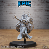 Deer Folk Bard by Epic Miniatures — female antlered humanoid mid-dance, one arm raised and reaching out, long billowing hair sweeping behind her, wearing a cropped wrap top and layered skirt with ankle bindings.