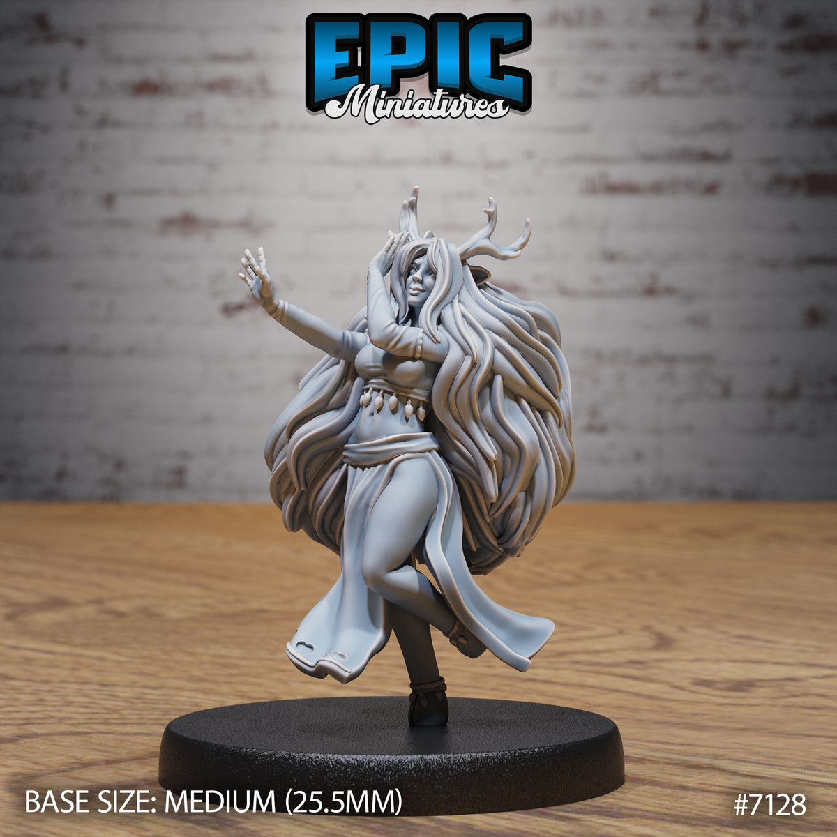 Deer Folk Bard by Epic Miniatures — female antlered humanoid mid-dance, one arm raised and reaching out, long billowing hair sweeping behind her, wearing a cropped wrap top and layered skirt with ankle bindings.