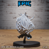Deer Folk Bard by Epic Miniatures — view from behind showing the extraordinary volume of cascading layered hair that dominates the silhouette, small branching antlers visible above, one arm extended to the side.