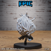 Deer Folk Bard by Epic Miniatures — view from behind showing the extraordinary volume of cascading layered hair that dominates the silhouette, small branching antlers visible above, one arm extended to the side.