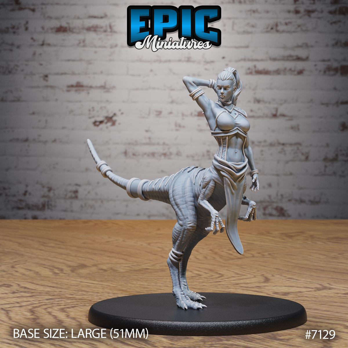 Raptor centaur female miniature by Epic Miniatures: humanoid upper body in corset armour with one arm raised behind her head, raptor lower body with one foreleg lifted and a wrapped tail extended. Mounted on a large oval base.