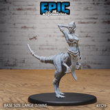 Raptor centaur female miniature by Epic Miniatures: humanoid upper body in corset armour with one arm raised behind her head, raptor lower body with one foreleg lifted and a wrapped tail extended. Mounted on a large oval base.
