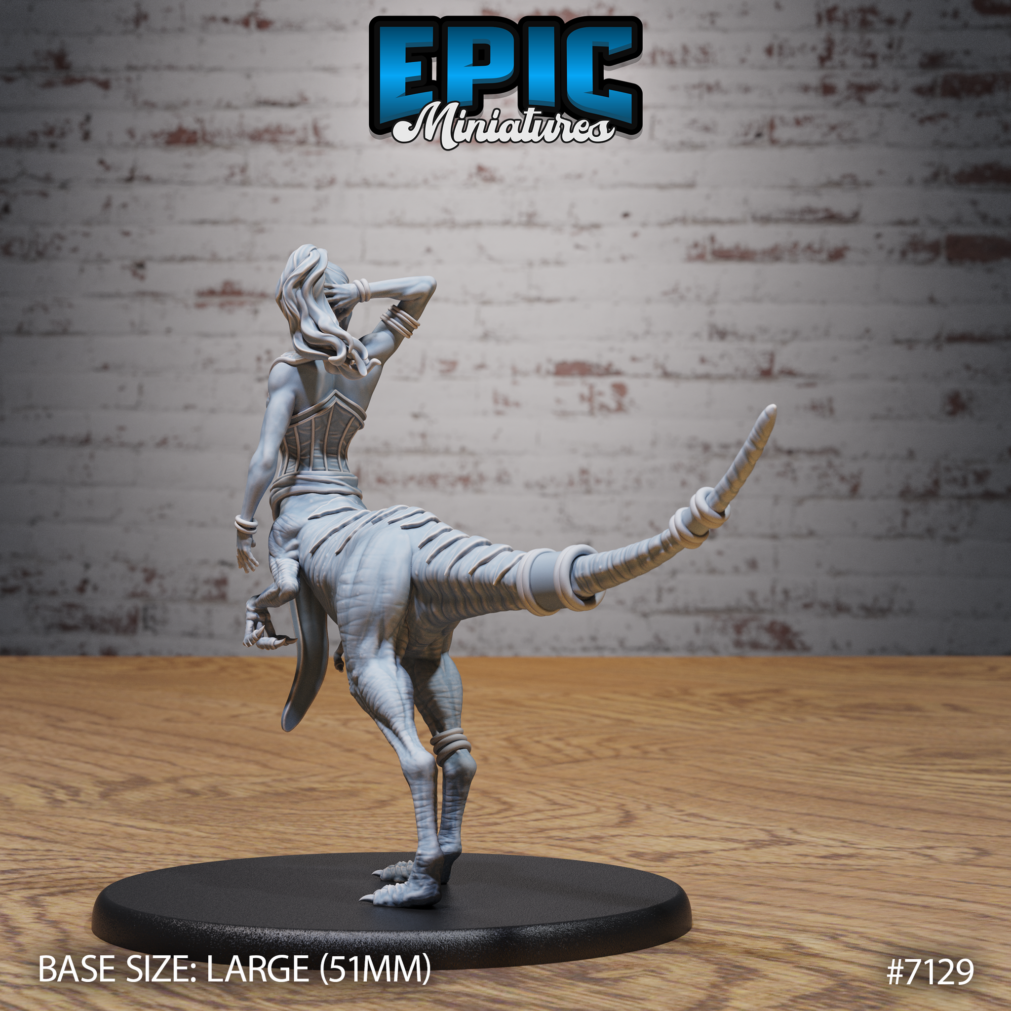Raptor centaur female miniature by Epic Miniatures seen from behind: long hair loose down the back, corset armour detail visible, scaled raptor haunches with ribbed texture and a long bandage-wrapped tail extending outward. Large oval base.
