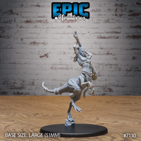 Raptor Centaur female miniature rearing up on one taloned foot, right arm raised overhead, wearing fitted chest armour and wrapped bracers, dreadlocked hair, mounted on a 51mm sculpted base. By Epic Miniatures.