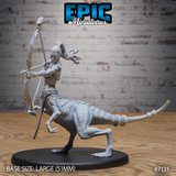 Female raptor centaur archer drawing a bone-and-sinew bow, scaled raptor lower body mid-stride with wrapped tail extended, lean athletic upper body, hair flowing back. Epic Miniatures sculpt on a large oval base.