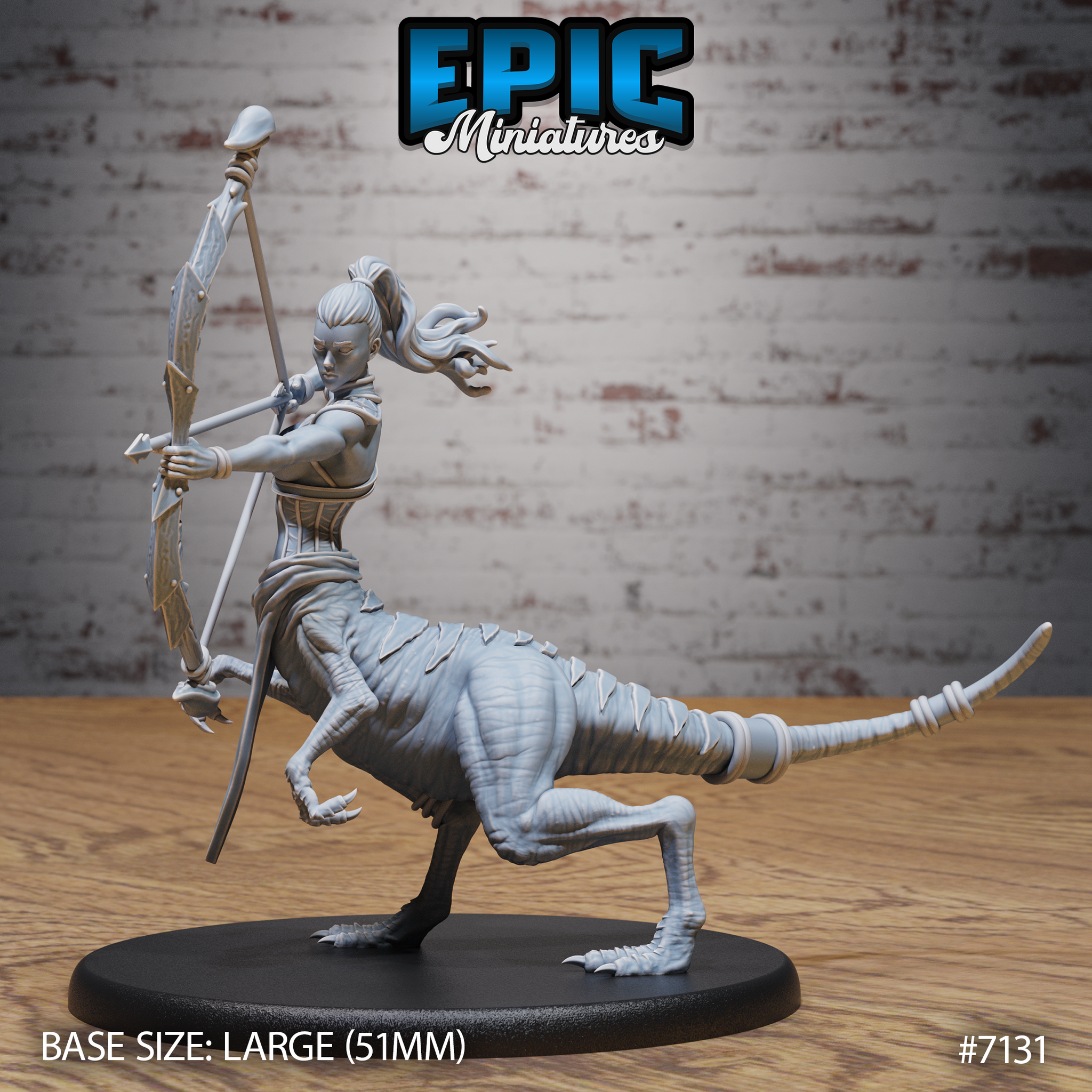 Female raptor centaur archer drawing a bone-and-sinew bow, scaled raptor lower body mid-stride with wrapped tail extended, lean athletic upper body, hair flowing back. Epic Miniatures sculpt on a large oval base.