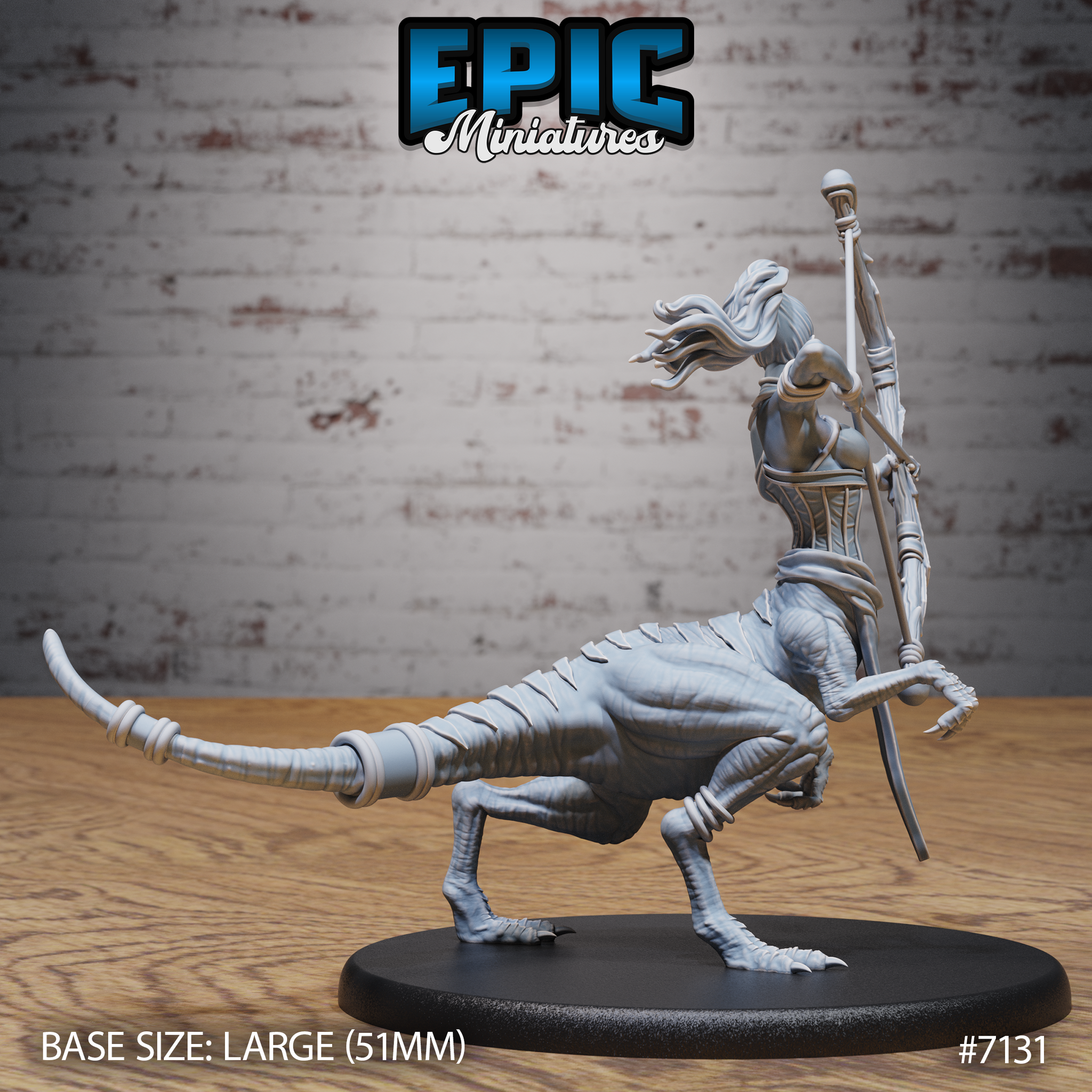 Raptor centaur female seen from the side, bow held upright, clawed feet planted on a large oval base, deeply textured raptor scales and tail bindings visible across the lower body. Sculpt by Epic Miniatures.