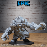 Massive hunched troll miniature lunging forward with one clawed hand outstretched, body covered in jagged ice plates and crystalline frost growth, snarling expression, on a large oval base. By Epic Miniatures.