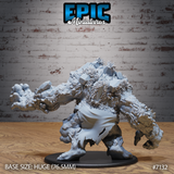 Heavily built troll miniature in aggressive low crouch, both arms reaching forward, back and shoulders densely encrusted with spiked frost crystals and ice shards, wearing a ragged waist wrap. By Epic Miniatures.
